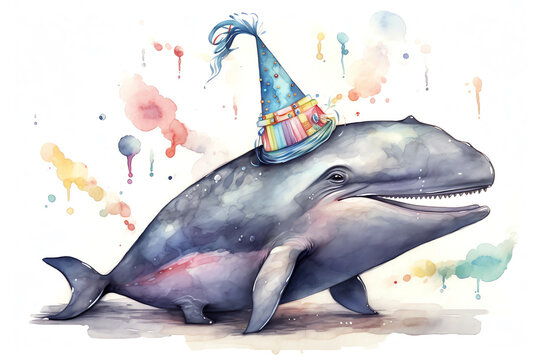 Whale wearing a birthday party hat