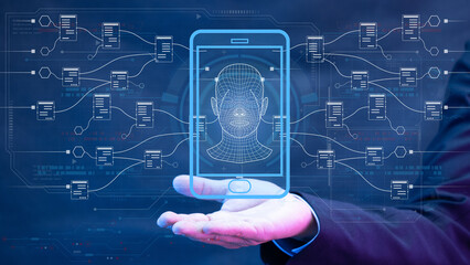 Businessman shows AI icon provide access information, digital chat bot concept. Artificial intelligence, machine learning concept, big data, cloud computing, computer network and innovation technology