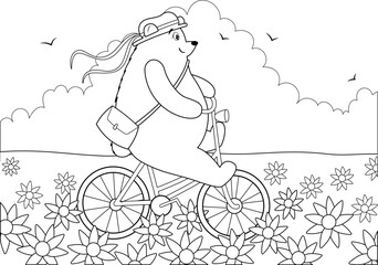 Coloring page with a bear on a bicycle