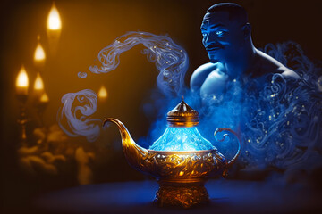 Lamp of wishes magic light blue smoke coming out of the bottle and a blue genie with the appearance of a male genie who grants three wishes. Generative AI