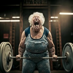 A very old woman in a Bodybuilding gym with a barbell, screaming in Pain. Generative AI.