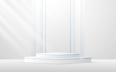 White podium with a white stripes and elegant blue line on the back for product presentation. Display of cosmetic products. stage or podium. vector illustration
