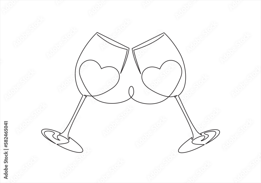 Poster continuous one line drawing of cheers two glasses with wine and hearts. romantic toast concept in li