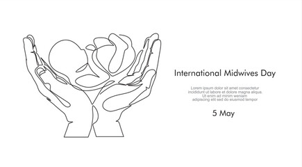 International midwives day. Continuous one line drawing of hands holding a newborn baby. Concept of protect child, save child.