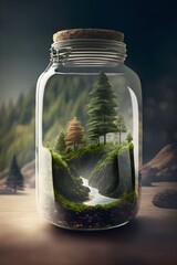 Miniature forest in a jar on wooden table Generative AI