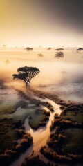 Foggy savanna aerial view Generative AI