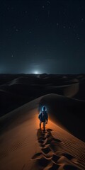 Man walking in desert at night holding torch Generative AI