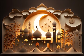 Artistic illustration of month Ramadan and Eid al Fitr Generative AI