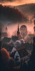 Misty european village morning Generative AI