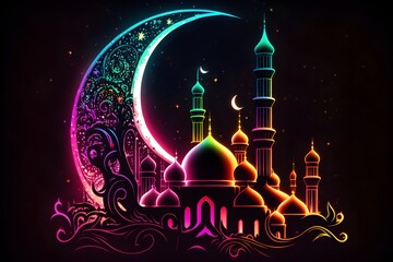 Artistic illustration of month Ramadan and Eid al Fitr Generative AI
