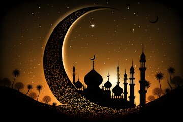 Artistic illustration of month Ramadan and Eid al Fitr Generative AI