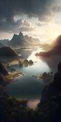 Aerial view of foggy morning over calm mountains and lake with sun shining Generative AI