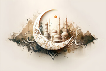 Artistic illustration of month Ramadan and Eid al Fitr Generative AI