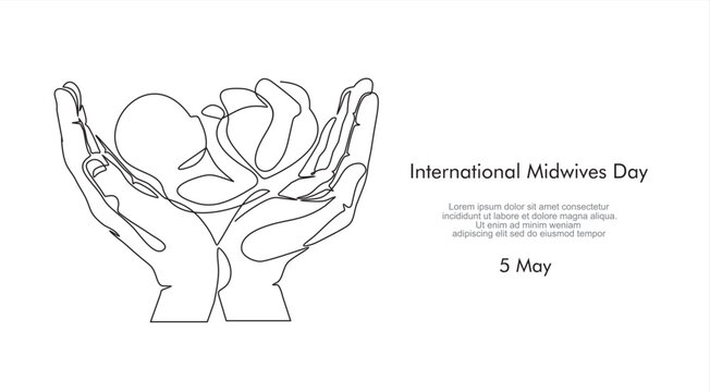 International midwives day. Continuous one line drawing of hands holding a newborn baby. Concept of protect child, save child.