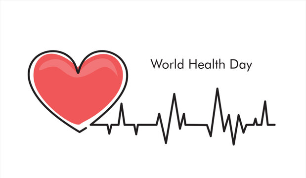 World health day. Continuous one line drawing of heart and pulse on white background.