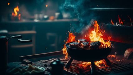 Barbecue party, fire on the grill - obrazy, fototapety, plakaty