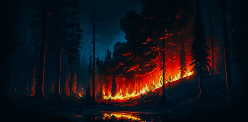 Night fire in the forest