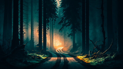 Road through the forest, dawn