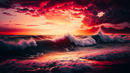 Ocean waves, pink sunset