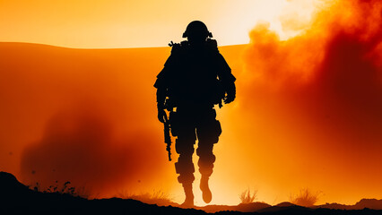Fototapeta premium Silhouette of a soldier during a battle