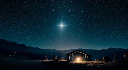 The star shines over the manger of Christmas of Jesus Christ. Concept. Generative AI. - obrazy, fototapety, plakaty