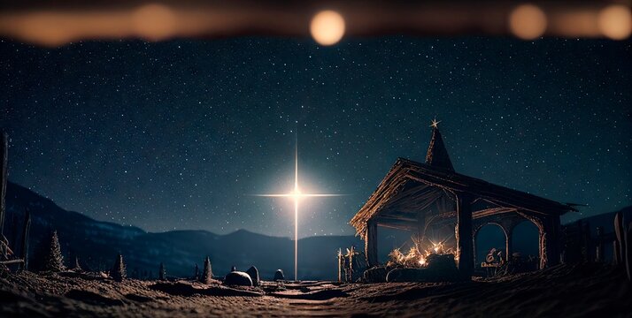 The star shines over the manger of Christmas of Jesus Christ. Concept. Generative AI.