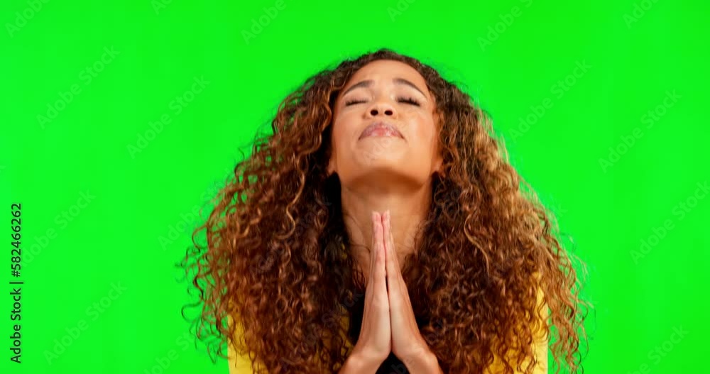 Sticker Hope, praying and woman on green screen with excited, nervous and anxiety gesture in studio. Winner mockup, giveaway and portrait of girl with prayer hands waiting for winning, success or prize bonus