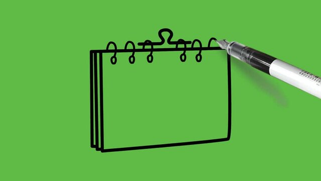 Draw blank table calendar with hanging clip in rectangle shape with black outline on abstract green screen background
