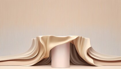 Obraz premium A luxurious 3D podium with a nude silk curtain billowing in the wind against a beige backdrop. Perfect for showcasing beauty and cosmetic products. Generative ai