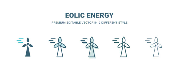 eolic energy icon in 5 different style. Outline, filled, two color, thin eolic energy icon isolated on white background. Editable vector can be used web and mobile