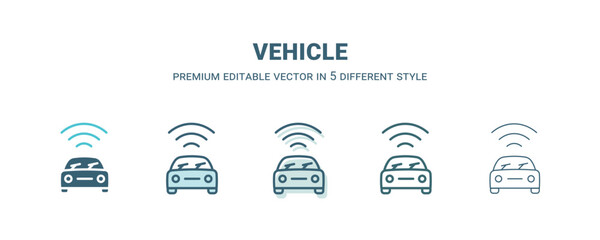 vehicle icon in 5 different style. Outline, filled, two color, thin vehicle icon isolated on white background. Editable vector can be used web and mobile