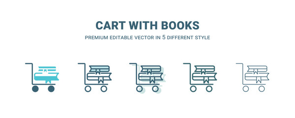 cart with books icon in 5 different style. Outline, filled, two color, thin cart with books icon isolated on white background. Editable vector can be used web and mobile