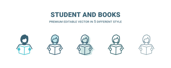 student and books icon in 5 different style. Outline, filled, two color, thin student and books icon isolated on white background. Editable vector can be used web and mobile