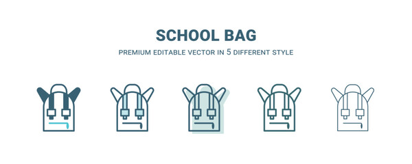 school bag icon in 5 different style. Outline, filled, two color, thin school bag icon isolated on white background. Editable vector can be used web and mobile