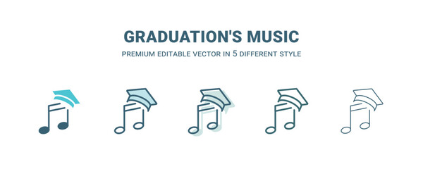 graduation's music icon in 5 different style. Outline, filled, two color, thin graduation's music icon isolated on white background. Editable vector can be used web and mobile
