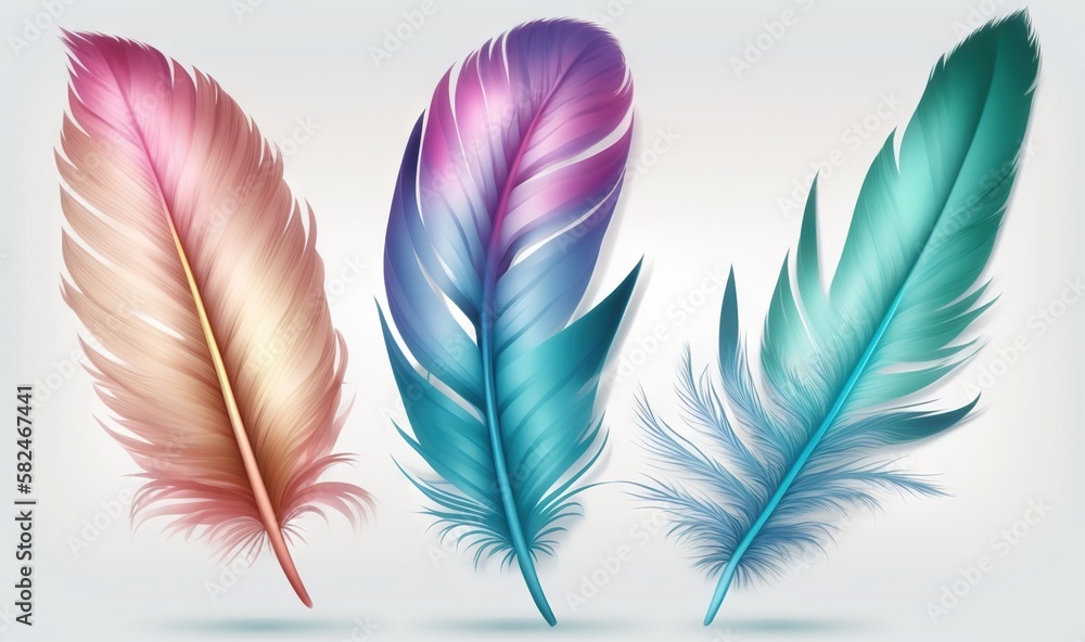 Poster three colorful feathers on a white background with a light reflection in the middle of the feathers 