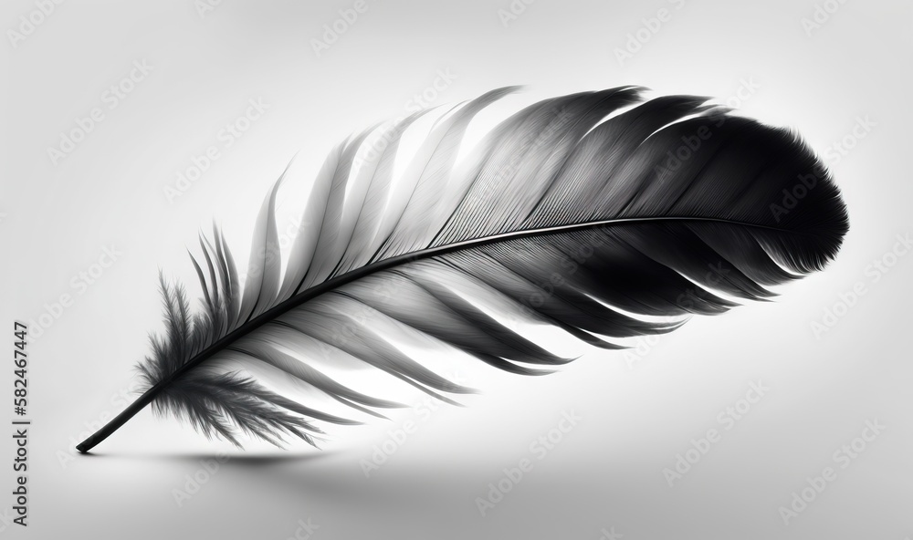 Poster a black and white photo of a feather on a white background with the shadow of a feather on the left 