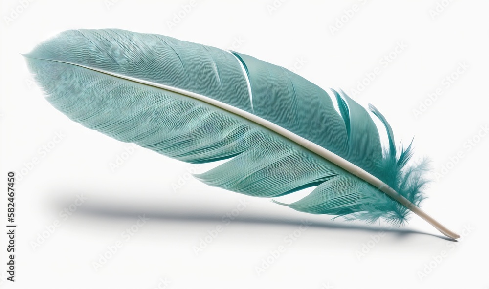 Poster a single blue feather on a white background with a shadow of the feather on the left side of the ima