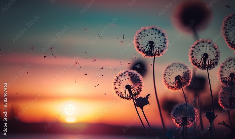 Poster dandelions blowing in the wind with the sun setting in the distance in the background, with the sun 