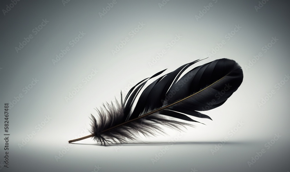 Poster a black and white feather on a gray background with a black and white shadow on the left side of the