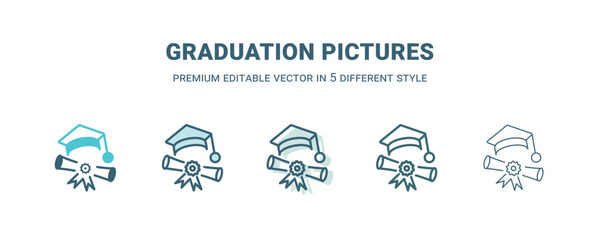 graduation pictures icon in 5 different style. Outline, filled, two color, thin graduation pictures icon isolated on white background. Editable vector can be used web and mobile