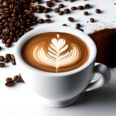 White cup with freshly brewed espresso coffee with cream surrounded by coffee beans, beverage design element