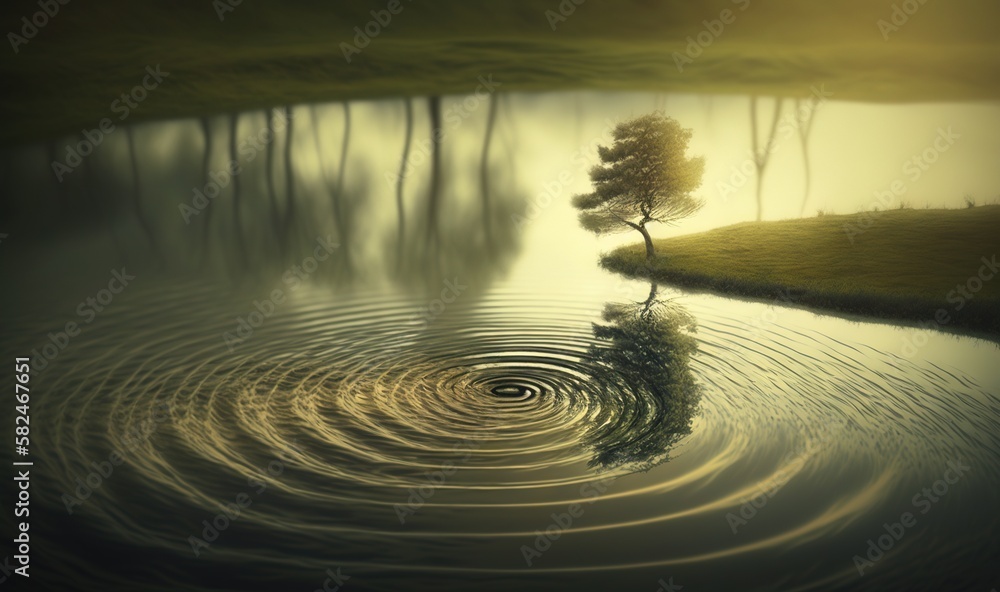 Poster a painting of a tree in the middle of a lake with ripples in the water and a tree in the middle of t
