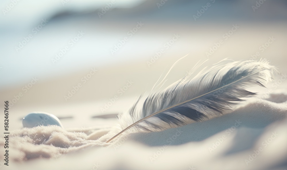 Poster  a white feather and a white egg on a table with a blurry image of the ocean in the background and a blue sky in the background.  generative ai