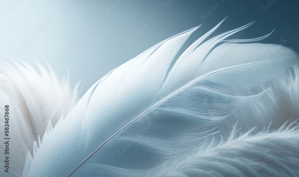 Poster a close up of a white feather on a blue background with a blurry image of the feathers in the foregr