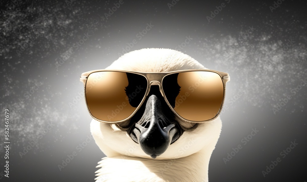 Poster a bird with sunglasses on its head and a black background with stars in the sky behind it and a blac