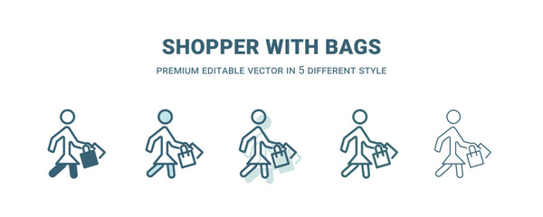 shopper with bags icon in 5 different style. Outline, filled, two color, thin shopper with bags icon isolated on white background. Editable vector can be used web and mobile
