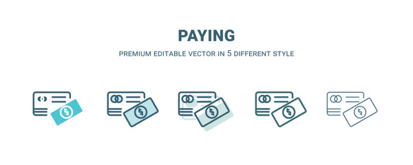 paying icon in 5 different style. Outline, filled, two color, thin paying icon isolated on white background. Editable vector can be used web and mobile