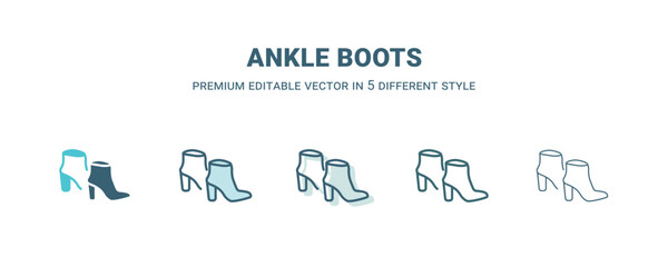 ankle boots icon in 5 different style. Outline, filled, two color, thin ankle boots icon isolated on white background. Editable vector can be used web and mobile