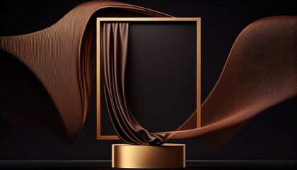 3D background. Podium display mockup. Brown silk cloth in motion. Gold frame for Beauty, product, cosmetic presentation. Feminine scene with pedestal.  Generative AI Technology